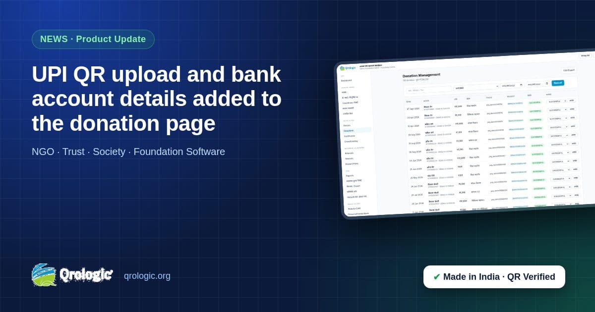UPI QR upload and bank account details added to the donation page